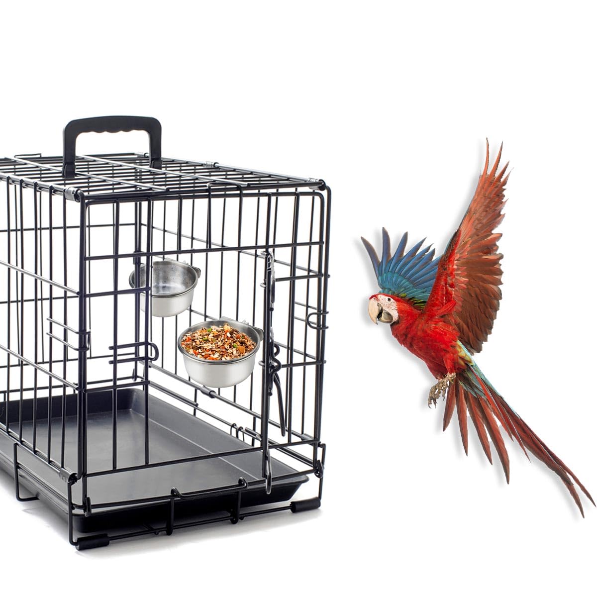 2 Pack Stainless Steel Bird Bowls for Cage Parrot Food Water Bowl Bird Feeding Dish Cups Parrot Food Water Feeder Pet Hanging Bowl Crate Coop Cups with Clamp Holder for Small Animal Dog Parakeet