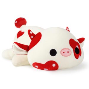 onsoyours cute cow plushie, soft stuffed mushroom cow squishy plush animal toy pillow for kids (red mushroom cow, 12")