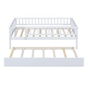 Hlcodca Twin Size Bed Frame with Trundle and Fence Guardrails for Kids Teens Adults, Wood Slat Support, No Box Spring Needed, Easy Assembly (White, Twin)