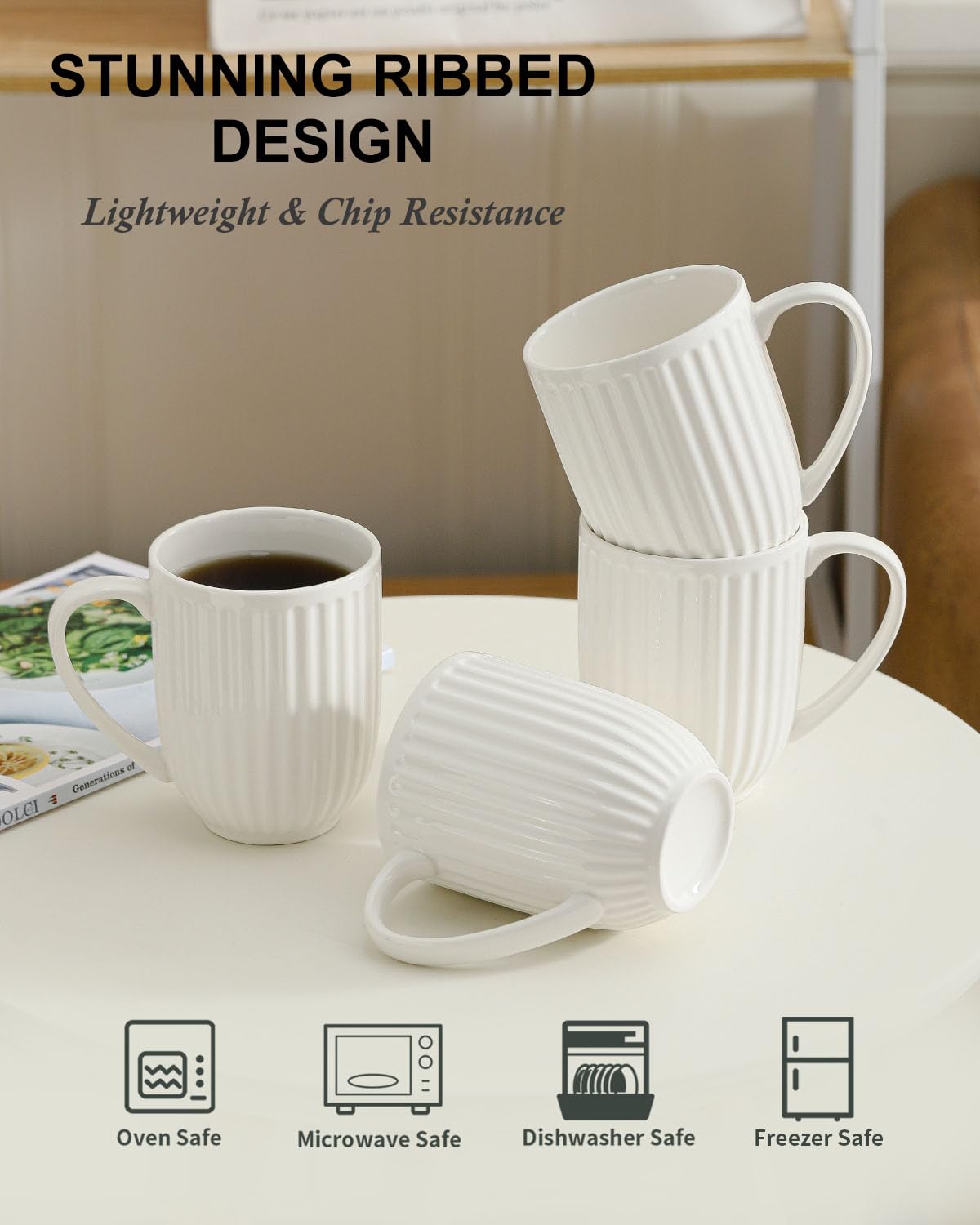 Hasense Ceramic Coffee Mugs Set of 4, 16 Oz Large Ribbed Coffee Cups with Big Handle, Unique Modern Style White Latte Mugs for Tea,Cocoa,Milk,Cappuccino, Microwave & Dishwasher Safe