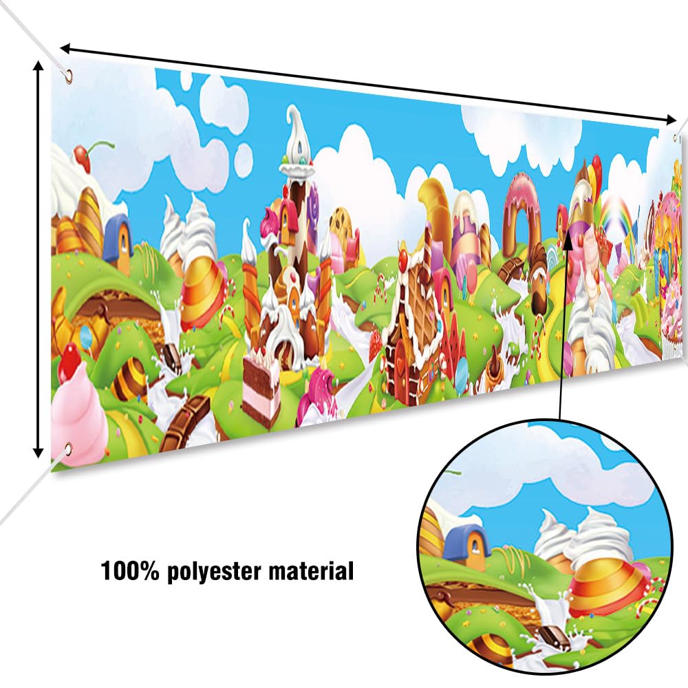 DOTOOMA 118 x 20 In Candyland Sweet Cartoon Rainbow Cupcake Ice Cream Castle Theme Yard Banner Sign Decorations Baby Shower Girls Birthday Party Cake Table Polyester Supplies