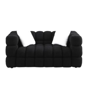 GNIXUU Cloud Sofa Couch, Modern Marshmallow Boucle Fabric Couches with Plastic Legs Upholstered Tufted Loveseat Sofa with 2 Pillows for Living Room, Bedroom, Office, 62 Inch Wide(Black)