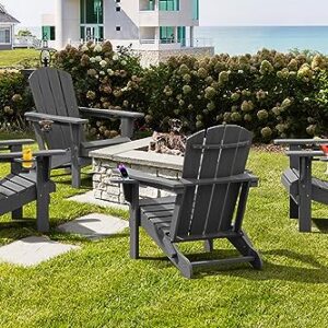 SERWALL Foldable Adirondack Chair, HDPE Adirondack Chair with Wood-Texture-Gray