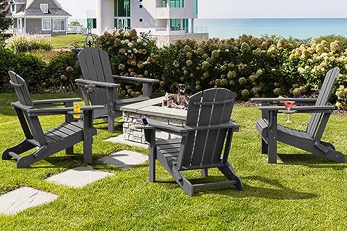 SERWALL Foldable Adirondack Chair, HDPE Adirondack Chair with Wood-Texture-Gray