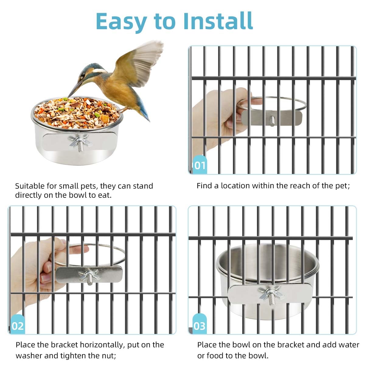 2 Pack Stainless Steel Bird Bowls for Cage Parrot Food Water Bowl Bird Feeding Dish Cups Parrot Food Water Feeder Pet Hanging Bowl Crate Coop Cups with Clamp Holder for Small Animal Dog Parakeet