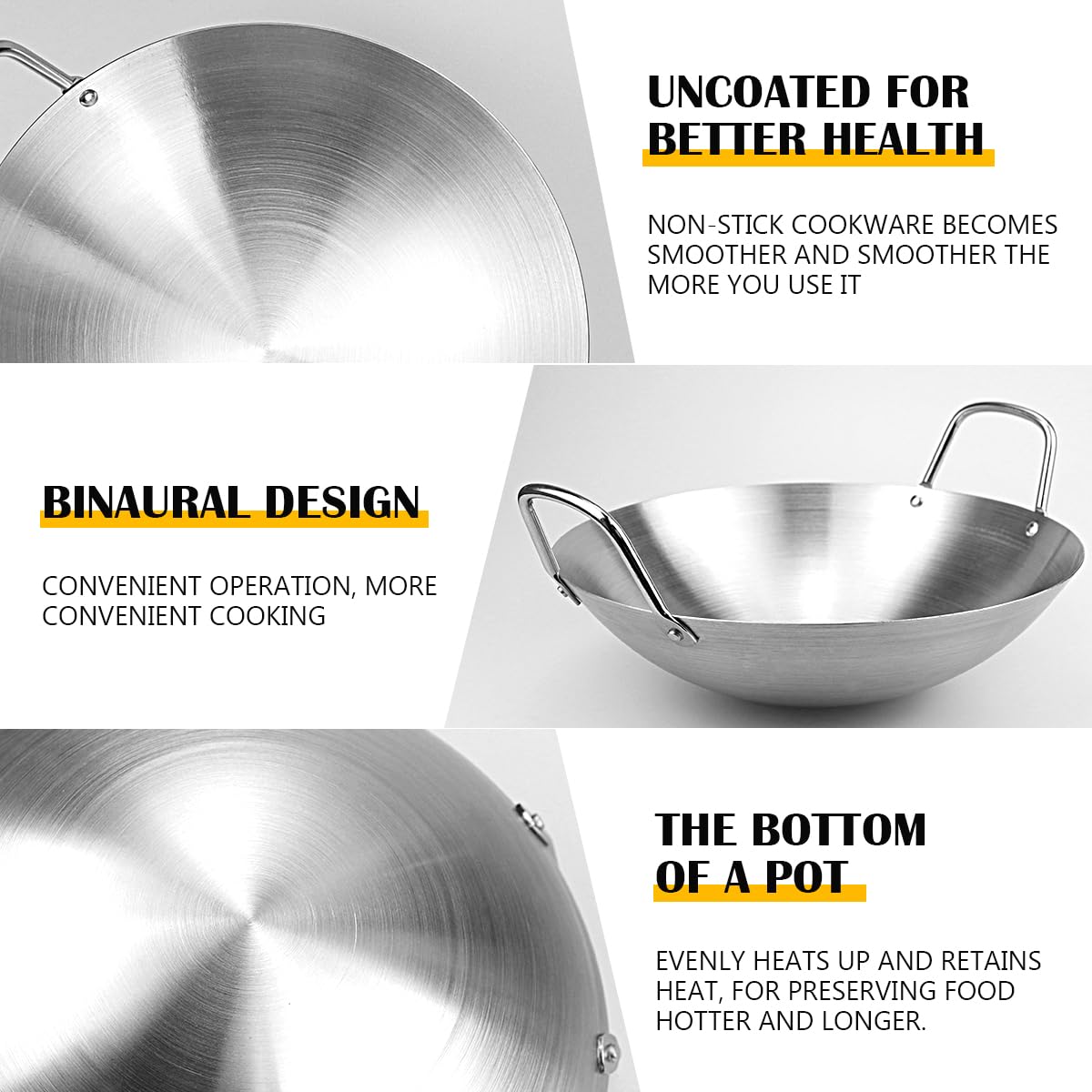 LNQ LUNIQI Stainless Steel Wok Round Bottom Chinese Wok with Double Handle Professional Grade Wok for Home Restaurant Kitchen (26cm/10.2 Inch)