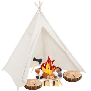 kigley 24 pcs pretend camping play set with teepee tent fake campfire felt toys wood style throw pillow cushion for boys girls adults dramatic play home decorations