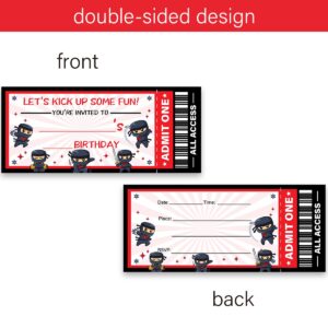 LyoGao 20 Pack Ninja Birthday Party Ticket Invitations With Envelopes Ninja Birthday Party Invitations Fill in Let's Kick Up Some Fun Ninja Warrior Invites (Ticket Style)