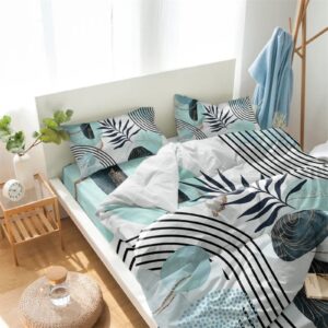 Duvet Cover Set of 4 Queen Size Abstract Mid Century Comforter Sets, Modern Geometric Plants Teal Bedding Set with Zipper Closure and 2 Pillow Cases, Soft Bed Covers Bedroom Decor for All Season