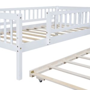 Hlcodca Twin Size Bed Frame with Trundle and Fence Guardrails for Kids Teens Adults, Wood Slat Support, No Box Spring Needed, Easy Assembly (White, Twin)