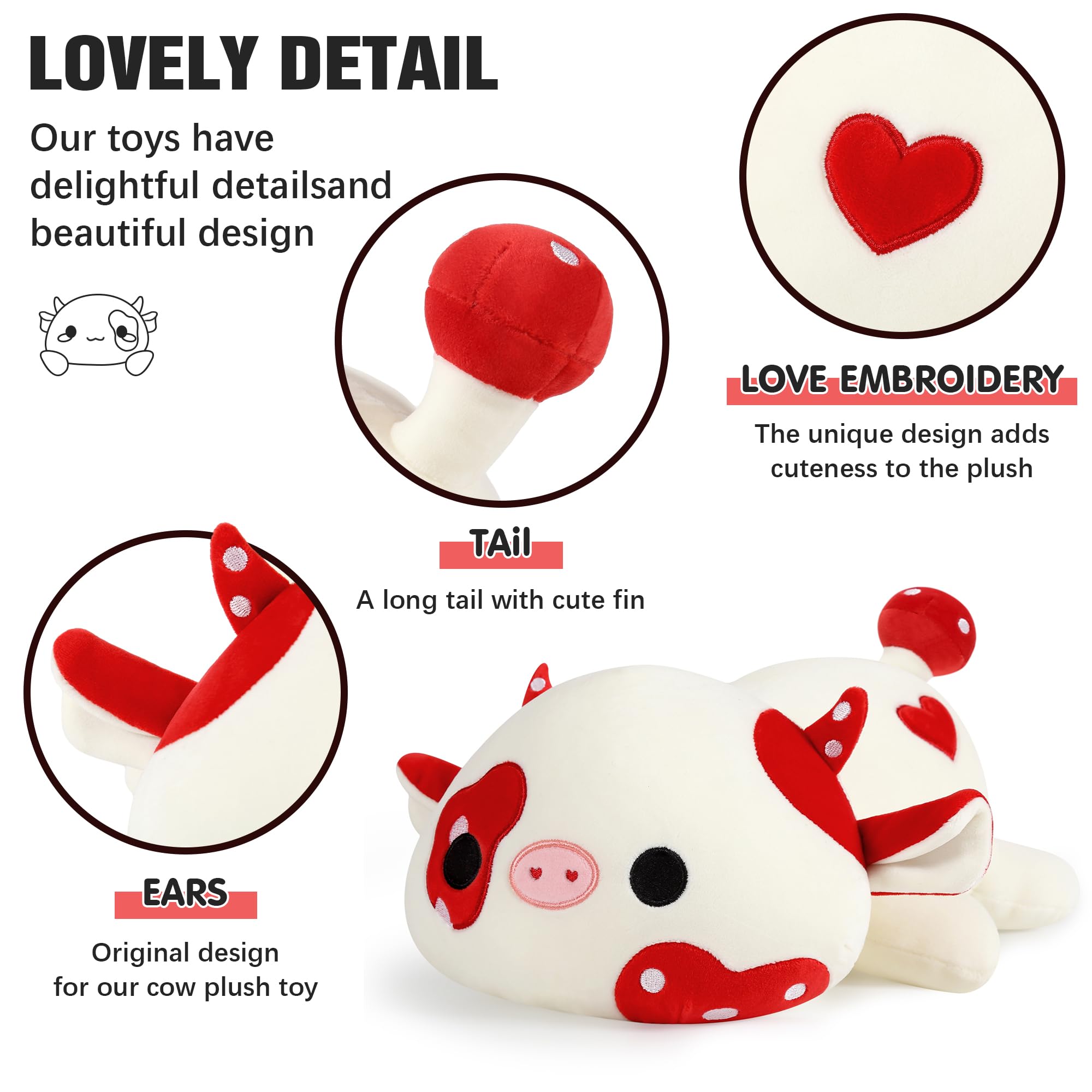 Onsoyours Cute Cow Plushie, Soft Stuffed Mushroom Cow Squishy Plush Animal Toy Pillow for Kids (Red Mushroom Cow, 12")