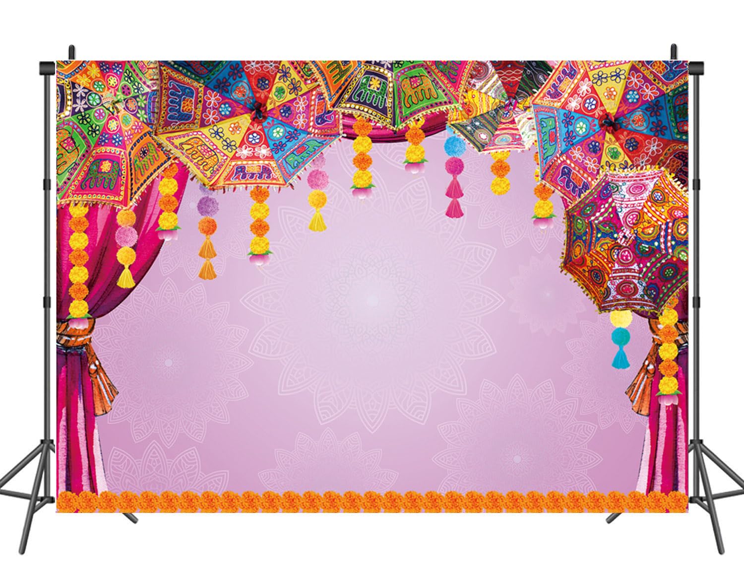 Indian Traditional Backdrop 7x5FT Purple Curtain Boho Flowers Umbrella Background for Wedding Birthday Bridal Shower Party Decoration Couples Trip Photo Booth Props