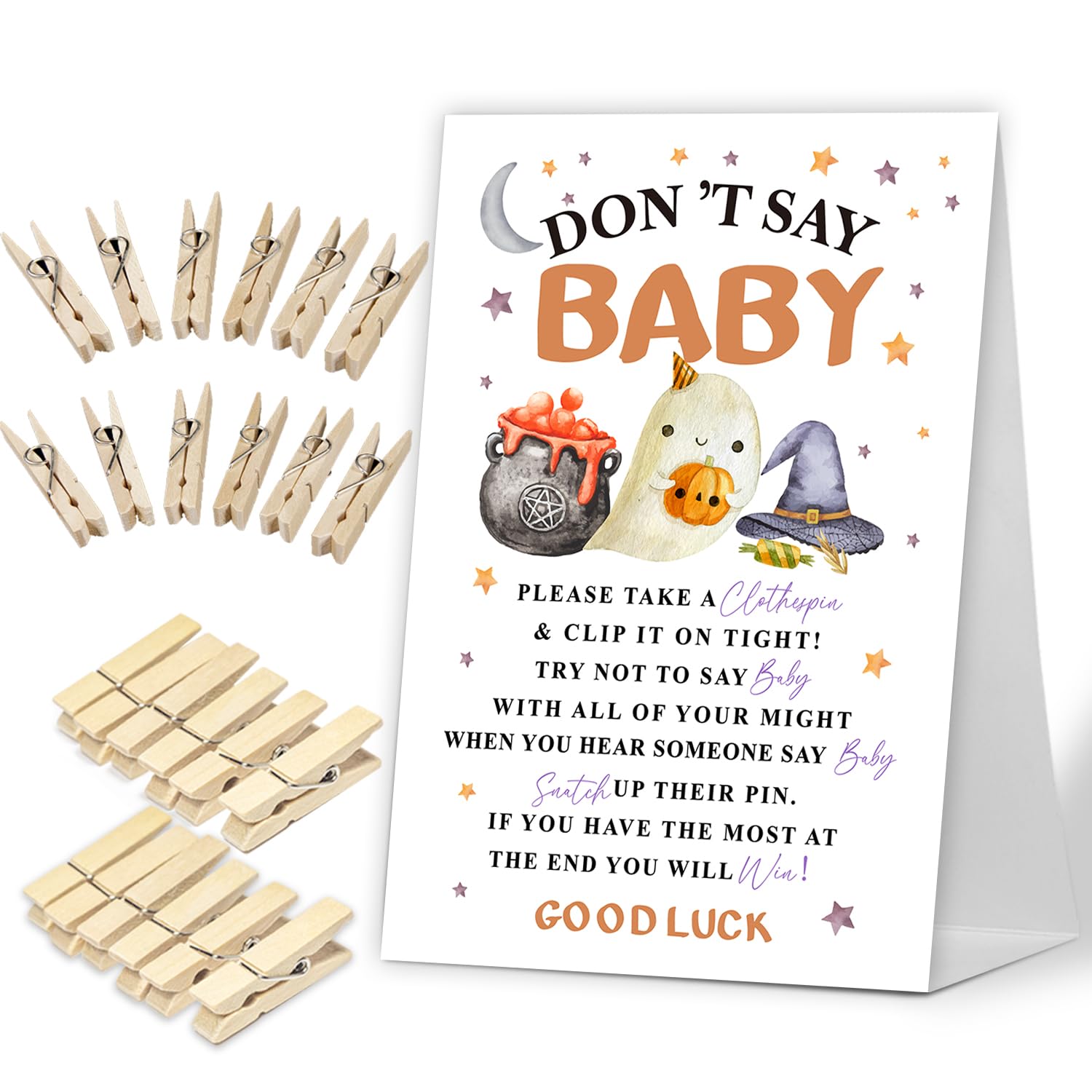 Don't Say Baby Game, Ghost Witch Pumpkin Halloween Baby Shower Game Include Baby Shower Sign and 50 Pcs Mini Clothespins, Gender Neutral Baby Shower Decoration, Party Favors Supplies-LF4