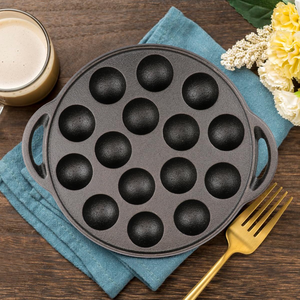 Escargot Dish Cast Iron Takoyaki Mushroom Plate with 15 Compartment Holes, Octopus Ball Maker with Forks and Brush for Snails, BBQ, and Mushroom Cooking