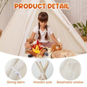 Kigley 24 Pcs Pretend Camping Play Set with Teepee Tent Fake Campfire Felt Toys Wood Style Throw Pillow Cushion for Boys Girls Adults Dramatic Play Home Decorations