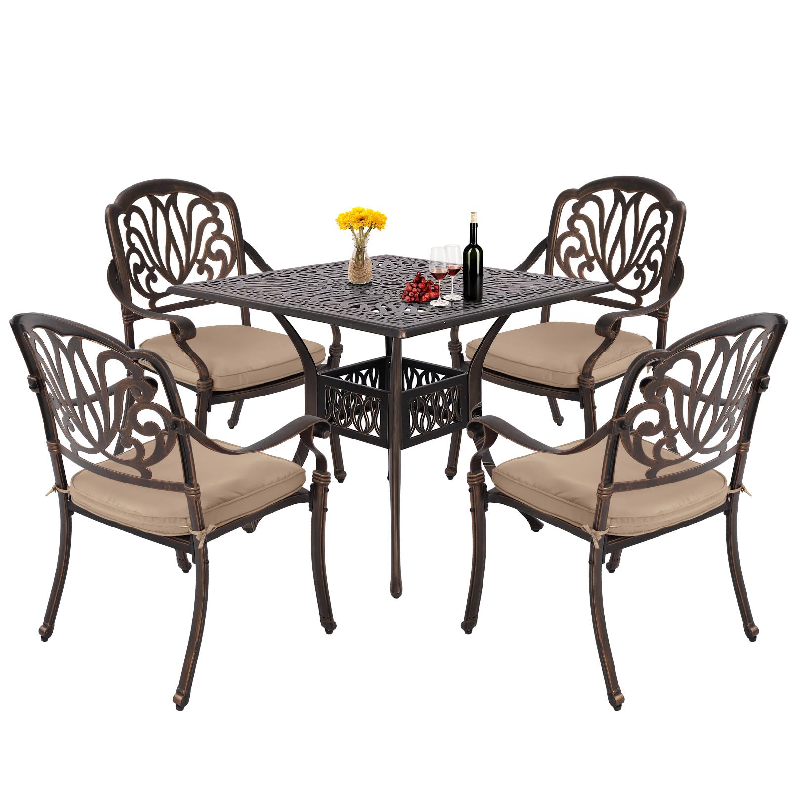 Grepatio 5 Piece Cast Aluminum Patio Dining Set Outdoor Furniture Set Patio Garden Set with 4 Ding Chairs, 4 Cushions and 35.4" Square Patio Table 2.4" Umbrella Hole, Antique Bronze (Khaki)