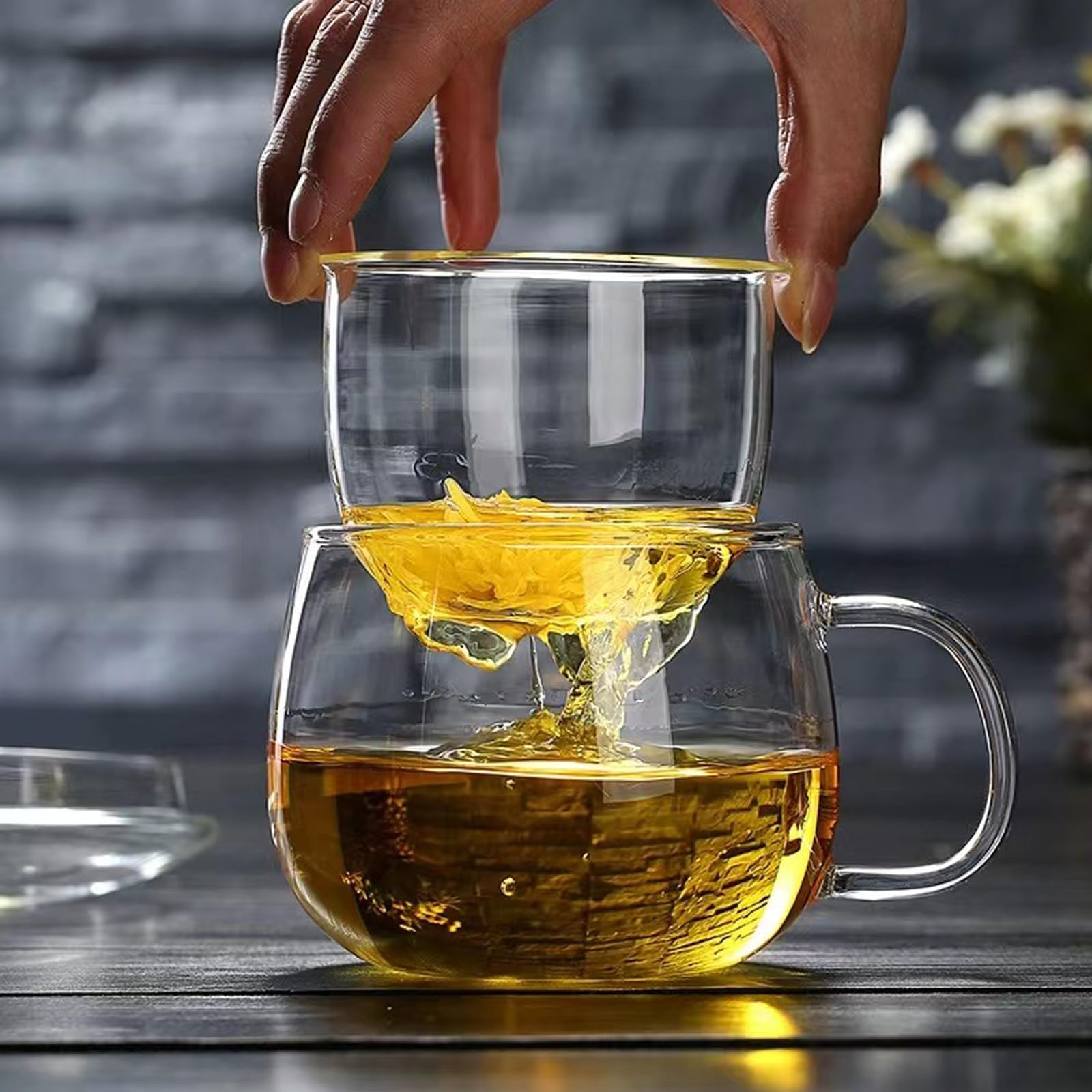 Aurfedes 14oz Tea cup with steeper and lid, heat-resistant borosilicate glass clear tea cup for loose leaf tea, blooming tea and tea bags - ideal for tea lovers (1PCS)