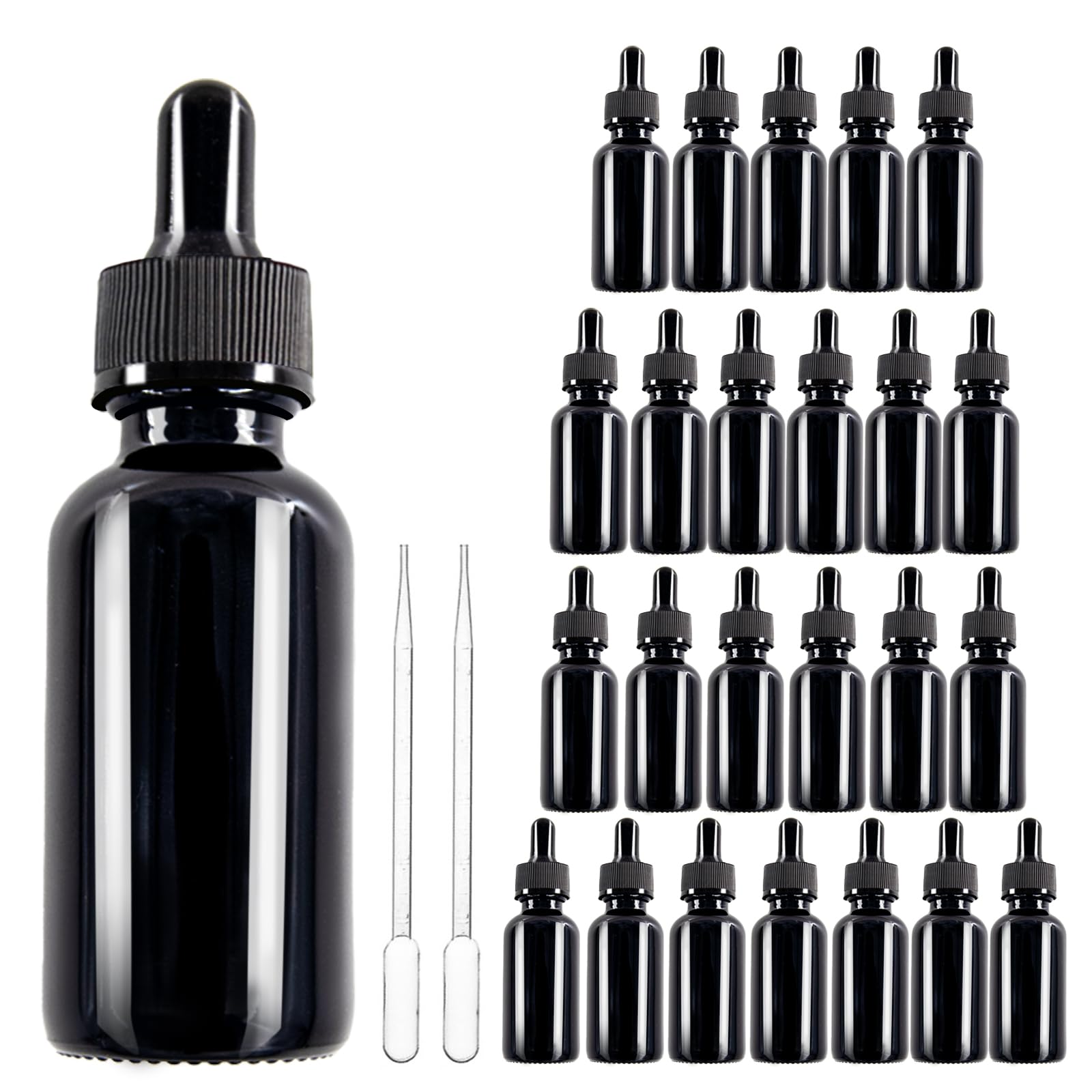 KURTOTEP 1oz Black Dropper Bottle 24 Pack - with 2 Plastic Pipettes, Leak-proof, for Essential Oils, Perfumes, travel size bottle for liquids