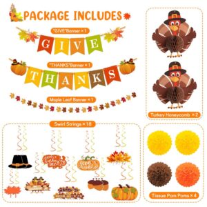 Thanksgiving Decorations Indoor, Thanksgiving Party Decorations Set Includes 3 Pre-strung Banners, 18 Hanging Swirls, 2 Turkey Honeycombs, 4 Tissue Pom Poms for Office, Classroom, Home Decor