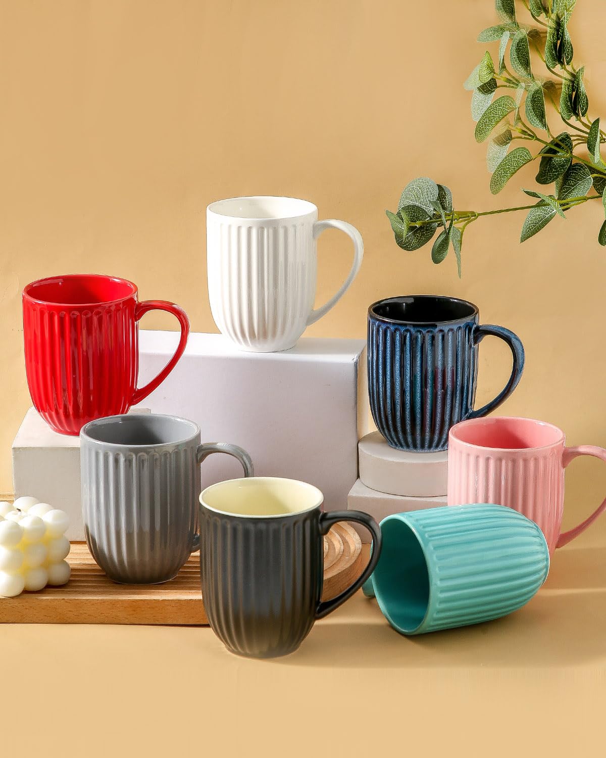 Hasense Ceramic Coffee Mugs Set of 4, 16 Oz Large Ribbed Coffee Cups with Big Handle, Unique Modern Style White Latte Mugs for Tea,Cocoa,Milk,Cappuccino, Microwave & Dishwasher Safe