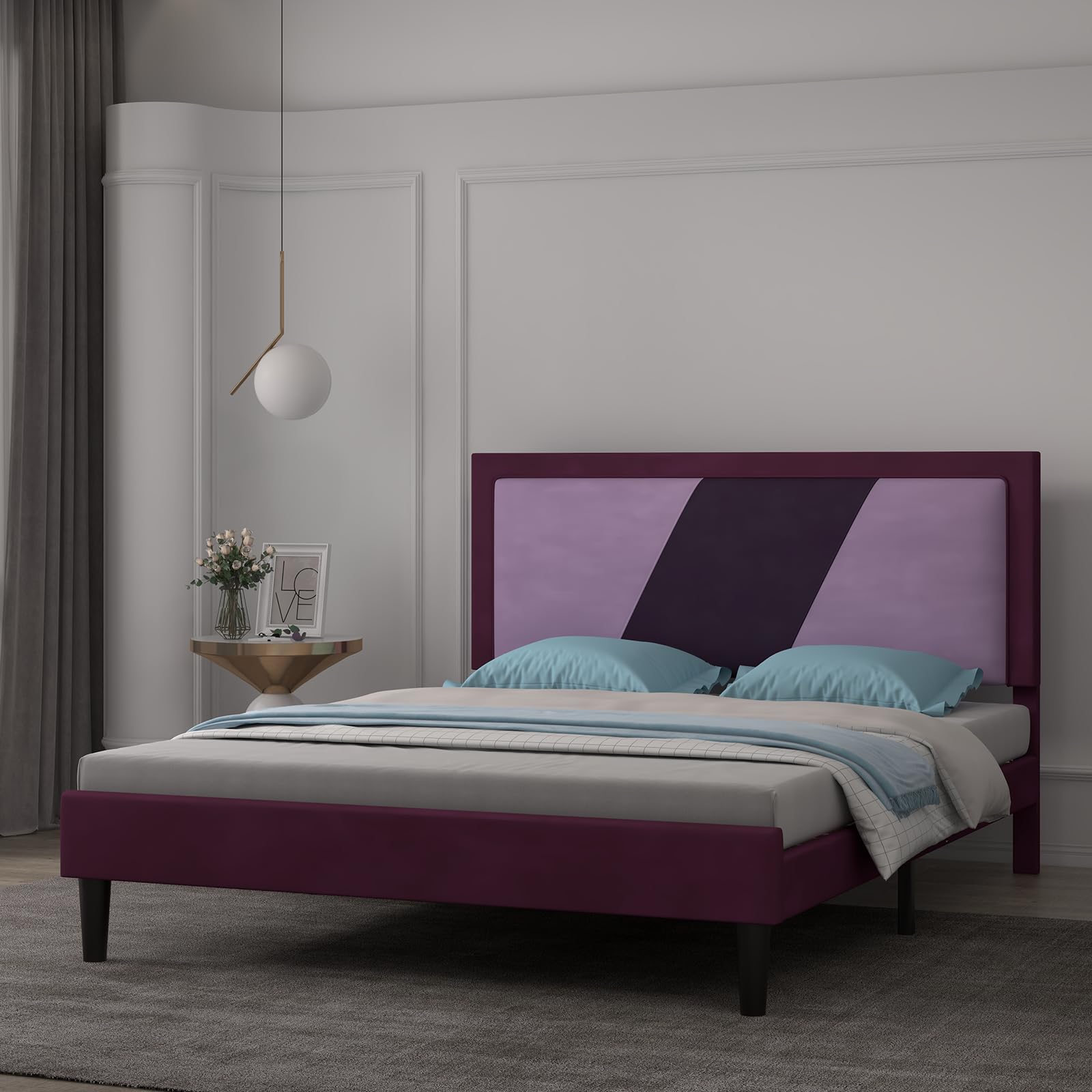 VORTEXTOVE King Size Bed Frame, Velvet Bed Frame with Upholstered Headboard, Platform Bed Frame with Strong Wooden Slats, No Box Spring Needed, Easy Assembly, Purple