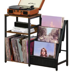 lelelinky record player stand with vinyl storage, 3 tier turntable stand with display shelf storage up to 150 albums,brown end table for living room