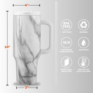 Thermosis 40 oz Tumbler with Handle and Straw | Leakproof Tumbler with Straw Insulated Travel Mug Fits Cupholders | Insulated Cup 40 oz Water Bottle with Straw Stainless Steel Tumbler - White Marble