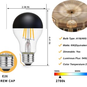 KarlunKoy Half Chrome Light Bulbs,Half Black Tipped Dimmable 6W (Equivalent 60Watt) LED Ediosn Light Bulbs,Soft White 2700K,A60/A19 Shape Anti-Glare,Decorative Mirror,CRI 90+ E26 Base (Pack of 2)