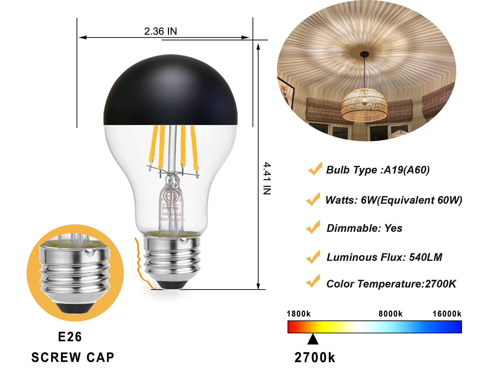 KarlunKoy Half Chrome Light Bulbs,Half Black Tipped Dimmable 6W (Equivalent 60Watt) LED Ediosn Light Bulbs,Soft White 2700K,A60/A19 Shape Anti-Glare,Decorative Mirror,CRI 90+ E26 Base (Pack of 2)