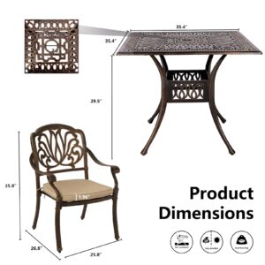 Grepatio 5 Piece Cast Aluminum Patio Dining Set Outdoor Furniture Set Patio Garden Set with 4 Ding Chairs, 4 Cushions and 35.4" Square Patio Table 2.4" Umbrella Hole, Antique Bronze (Khaki)