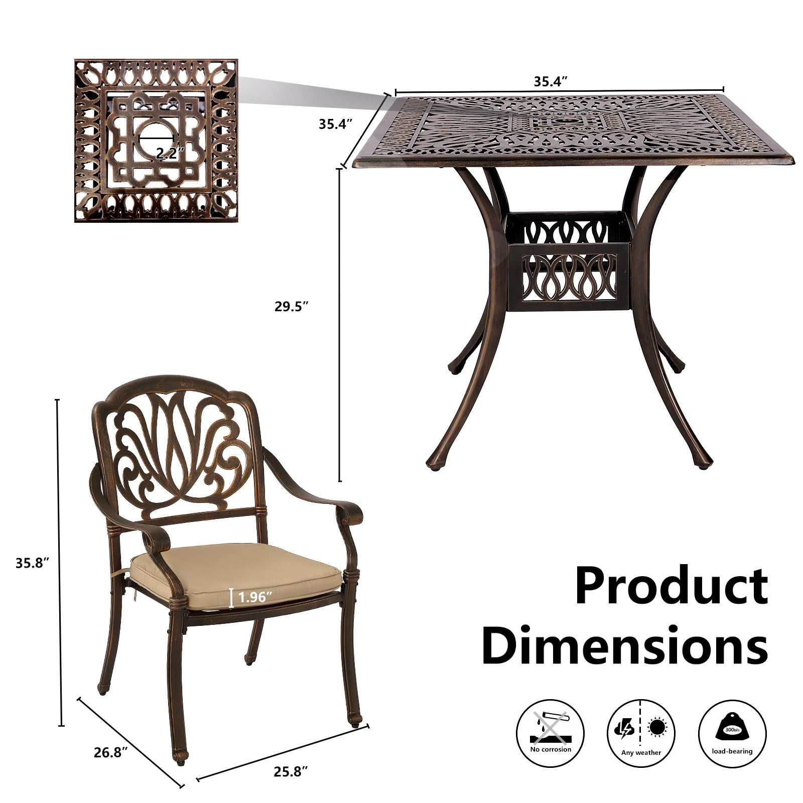 Grepatio 5 Piece Cast Aluminum Patio Dining Set Outdoor Furniture Set Patio Garden Set with 4 Ding Chairs, 4 Cushions and 35.4" Square Patio Table 2.4" Umbrella Hole, Antique Bronze (Khaki)