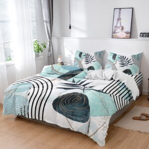 Duvet Cover Set of 4 Queen Size Abstract Mid Century Comforter Sets, Modern Geometric Plants Teal Bedding Set with Zipper Closure and 2 Pillow Cases, Soft Bed Covers Bedroom Decor for All Season