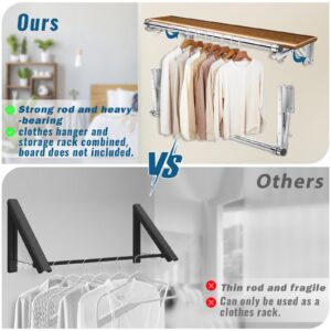 Foldable Wall Mounted Clothes Rack-44'' Long Rod&2 Bases,Stainless Steel, Heavy Duty,Detachable,Multi-Purpose for Space-Saving Garment Rack/Clothes Drying Rack/Plant Hanger,Top Shelf Room Reserved