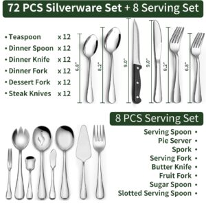 80 Pieces Silverware Set with Serving Utensils Set, CEKEE Stainless Steel Flatware Set for 12 with Steak Knives, Heavy Duty Cutlery Set, Kitchen Utensil Sets for Home Restaurant, Dishwasher Safe