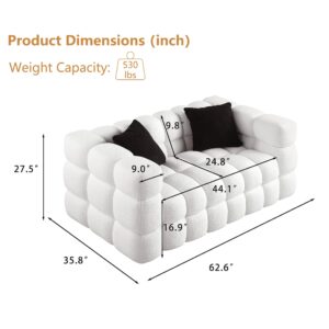 GNIXUU Cloud Sofa Couch, Modern Marshmallow Boucle Fabric Couches with Plastic Legs Upholstered Tufted Loveseat Sofa with 2 Pillows for Living Room, Bedroom, Office, 62 Inch Wide(White)