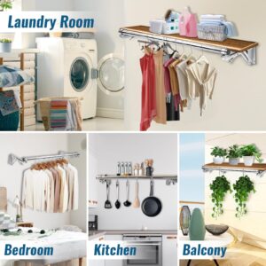 Foldable Wall Mounted Clothes Rack-44'' Long Rod&2 Bases,Stainless Steel, Heavy Duty,Detachable,Multi-Purpose for Space-Saving Garment Rack/Clothes Drying Rack/Plant Hanger,Top Shelf Room Reserved