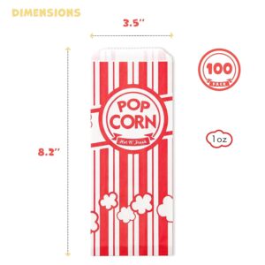 Alitte Paper Popcorn Bags (100-Pack) 1 oz Individual Servings - Leakproof Bottom, Holds 4 Cups of Popcorn - Classic Red and White Stripes, for Movie Night, Carnival, Party, Theater, and Snack Bars