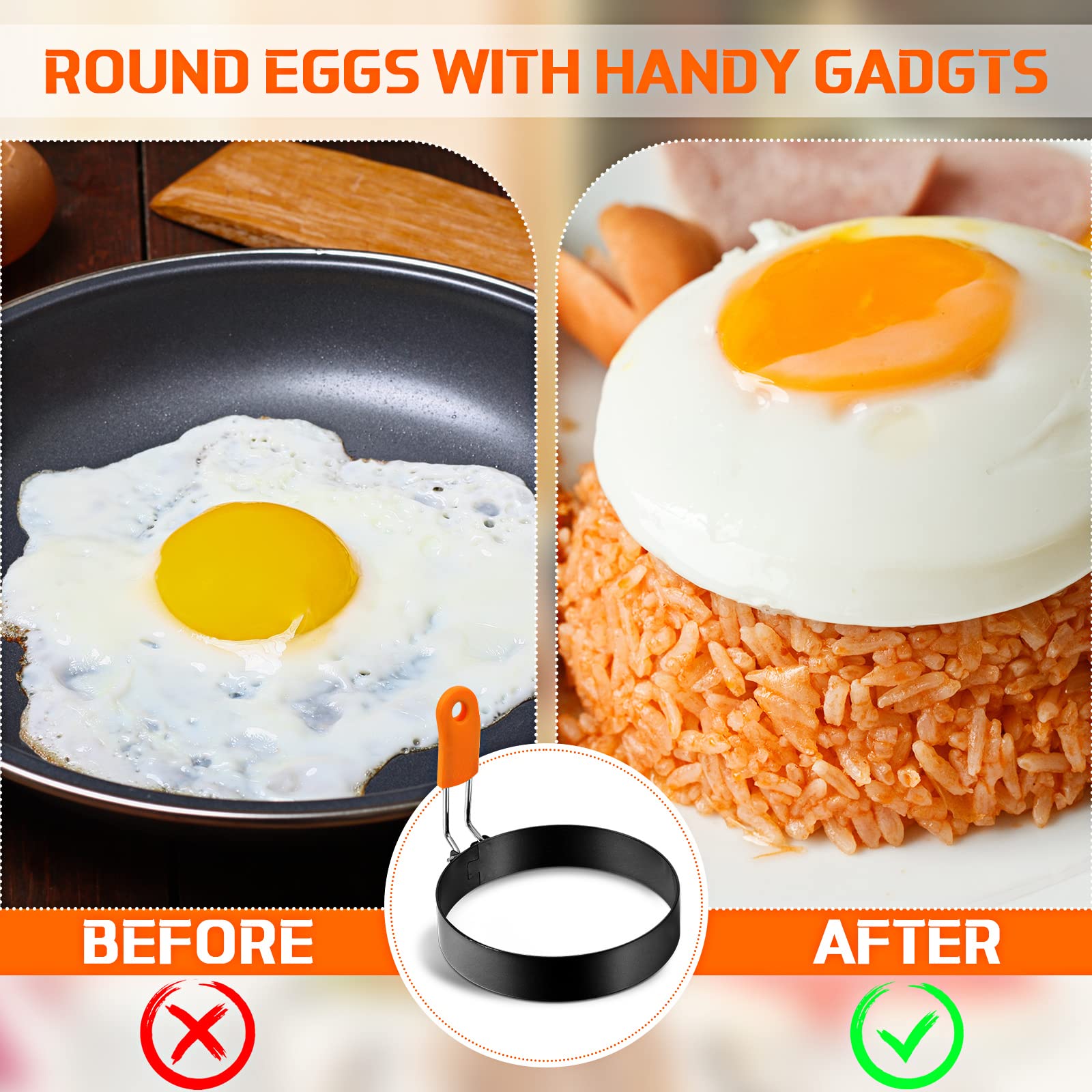 Patelai 12 Pcs 3.6 Inch Griddle Egg Ring for Frying Eggs with Orange Silicone Handle Stainless Steel Egg Circles for Cooking for Breakfast Pancake Omelette Sandwich