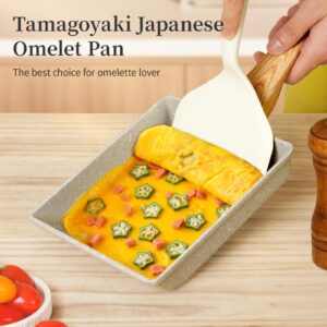 Innerwell Tamagoyaki Pan Japanese Omelette Pan - Nonstick Tamago Pan, Rectangle Egg Frying Pan, Omelet Pan with Spatula & Whisk, Wooden Handle, PFOS & PFOA Free, Oven & Dishwasher Safe