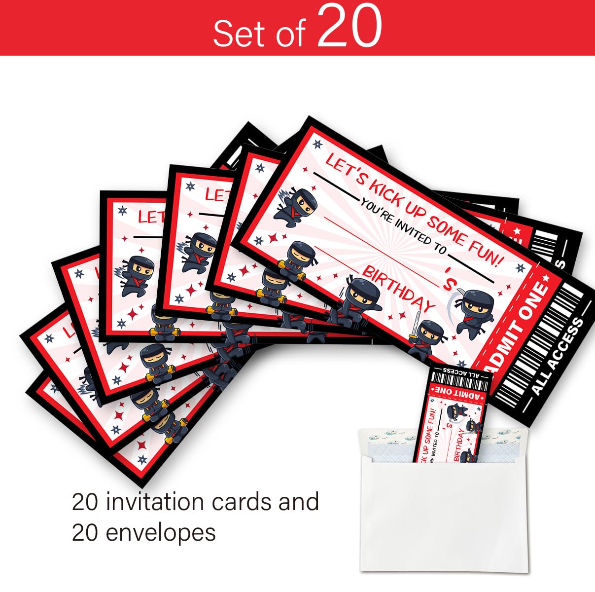 LyoGao 20 Pack Ninja Birthday Party Ticket Invitations With Envelopes Ninja Birthday Party Invitations Fill in Let's Kick Up Some Fun Ninja Warrior Invites (Ticket Style)