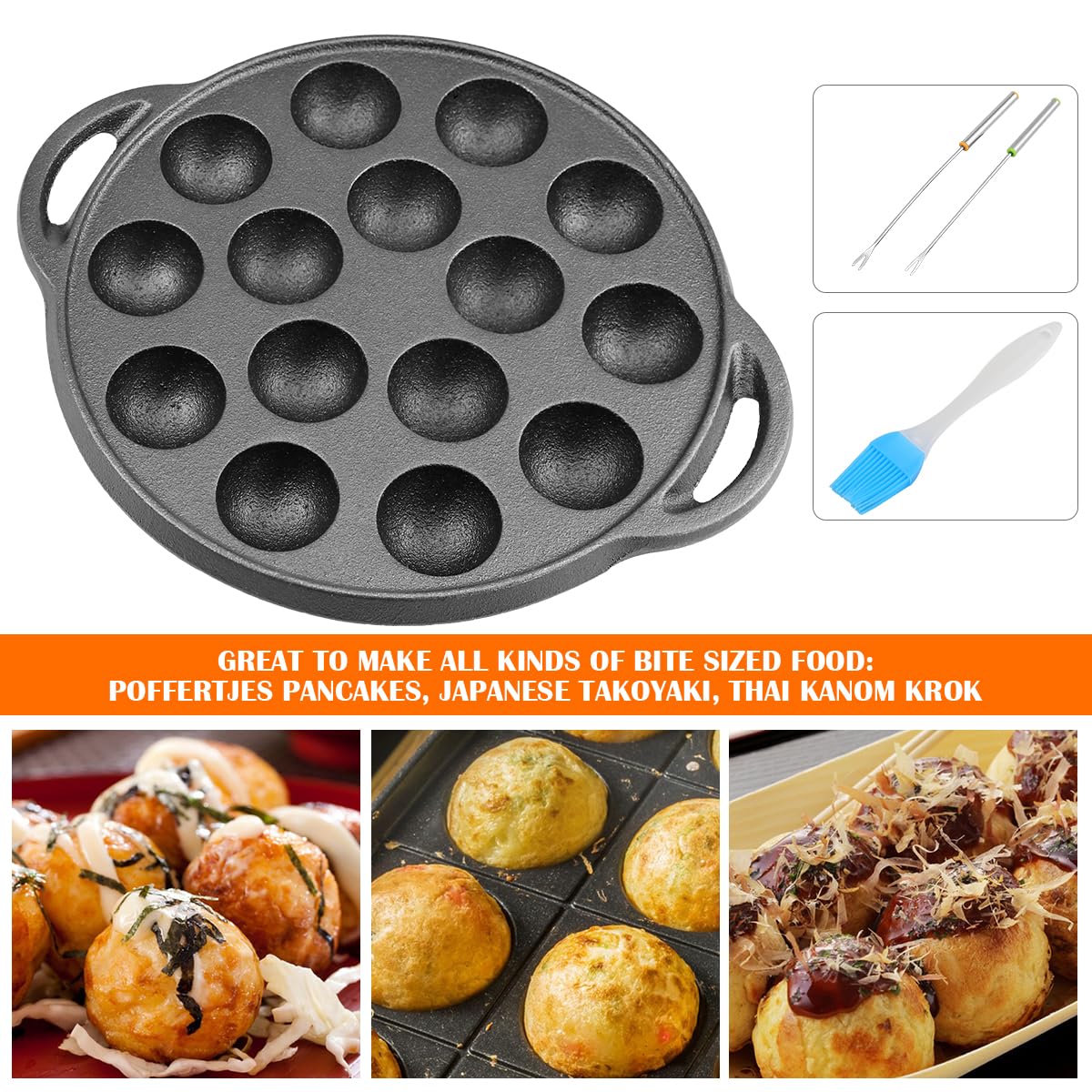 Escargot Dish Cast Iron Takoyaki Mushroom Plate with 15 Compartment Holes, Octopus Ball Maker with Forks and Brush for Snails, BBQ, and Mushroom Cooking