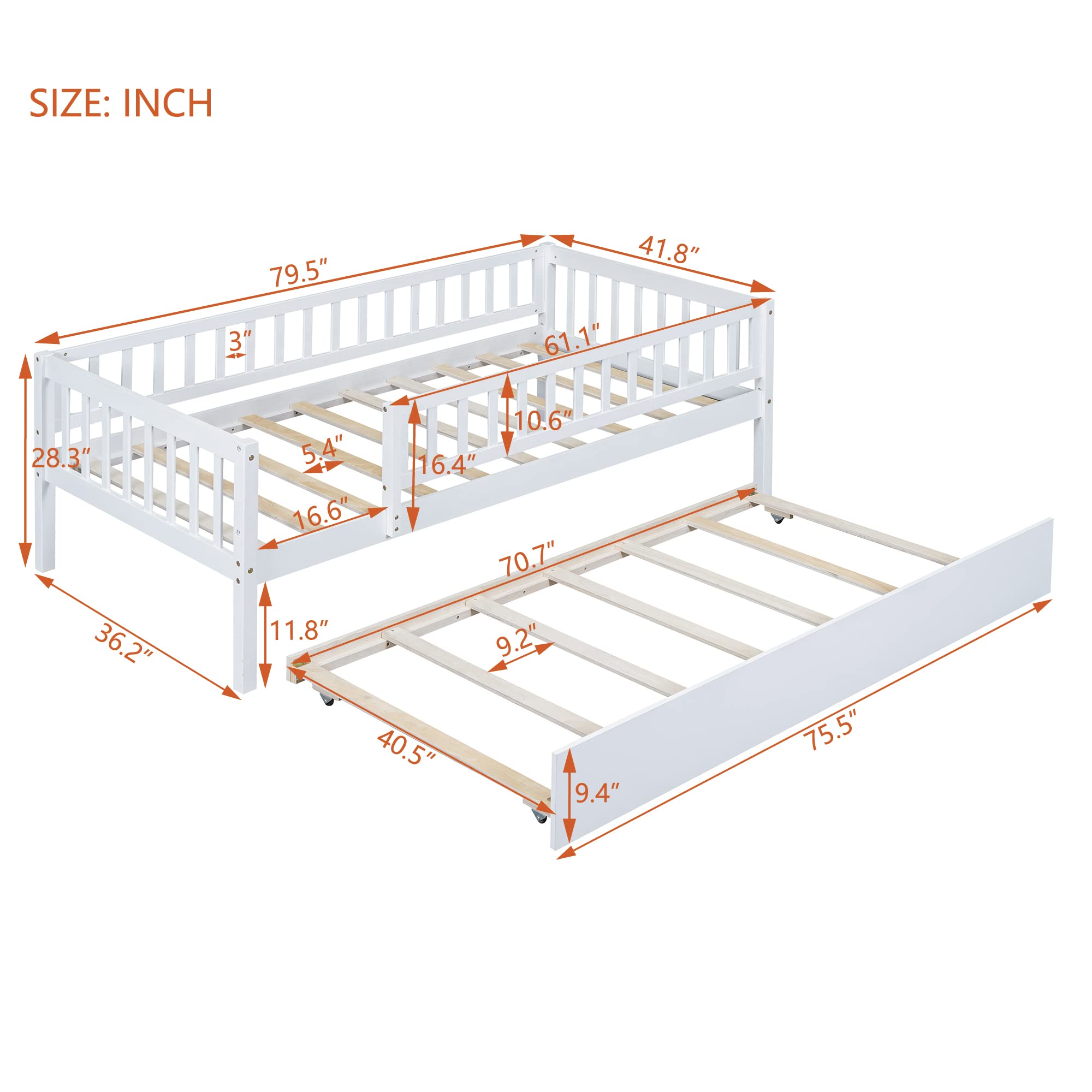 Hlcodca Twin Size Bed Frame with Trundle and Fence Guardrails for Kids Teens Adults, Wood Slat Support, No Box Spring Needed, Easy Assembly (White, Twin)