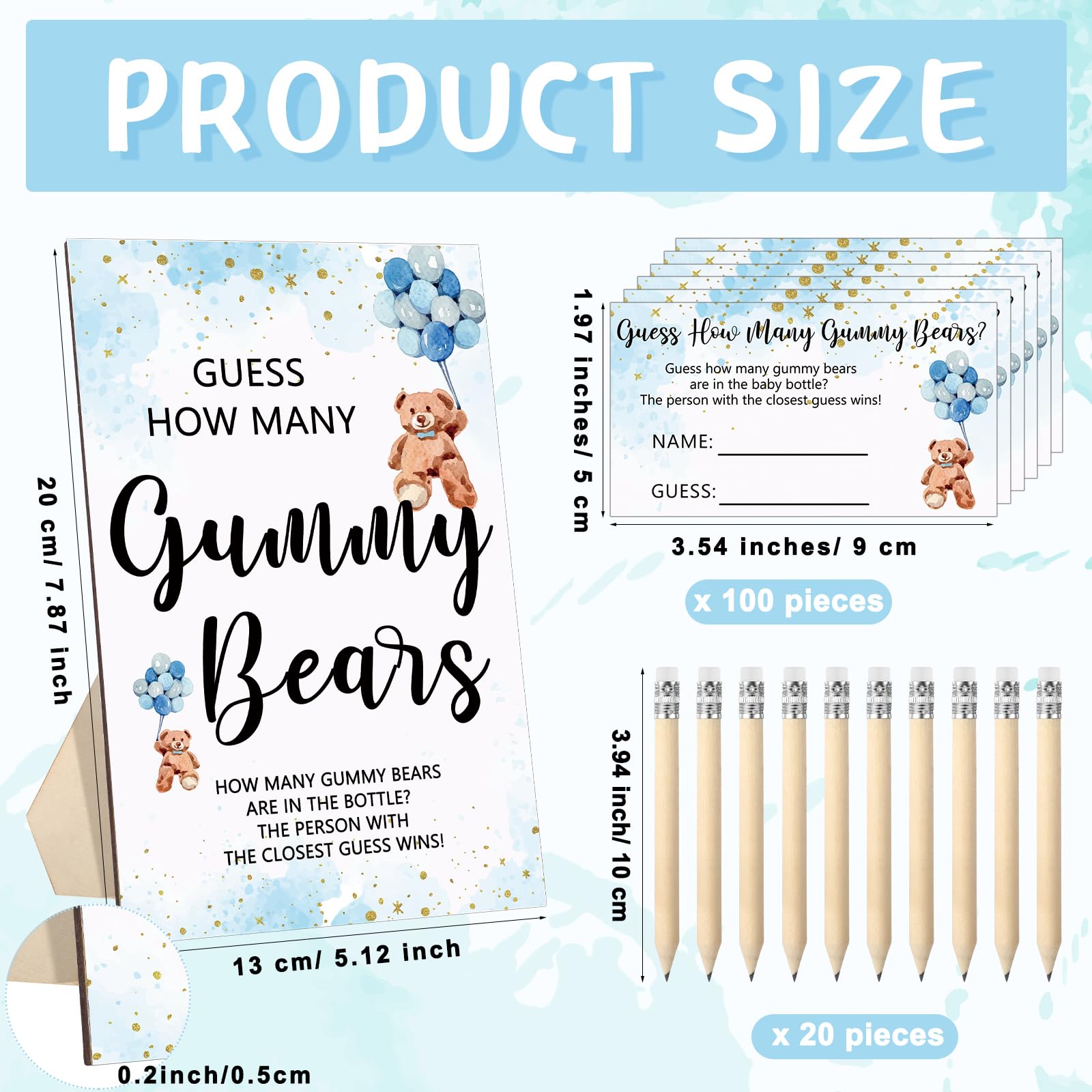 Qilery 122 Pcs Baby Shower Games Guess How Many Bears 100 Guessing Cards 20 Pencils 1 Baby Bottle 1 Wood Standing Sign for Baby Shower Games Gender Reveal Party Decoration (Blue)