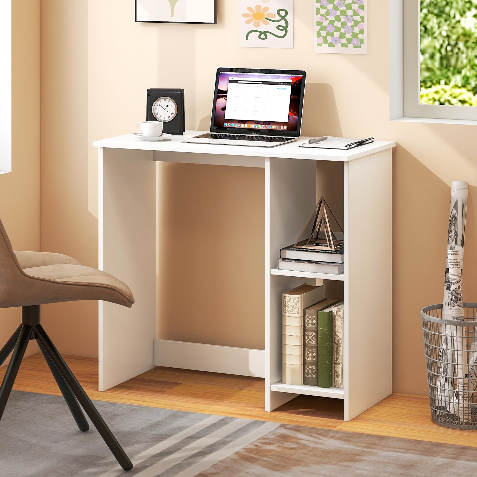 Tangkula Small White Desk with Shelves, Compact Small Desk for Small Space, Study Writing Desk with 2 Tier Shelves, Modern Simple Style Laptop Desk, PC Desk, Kid’s Desk, White