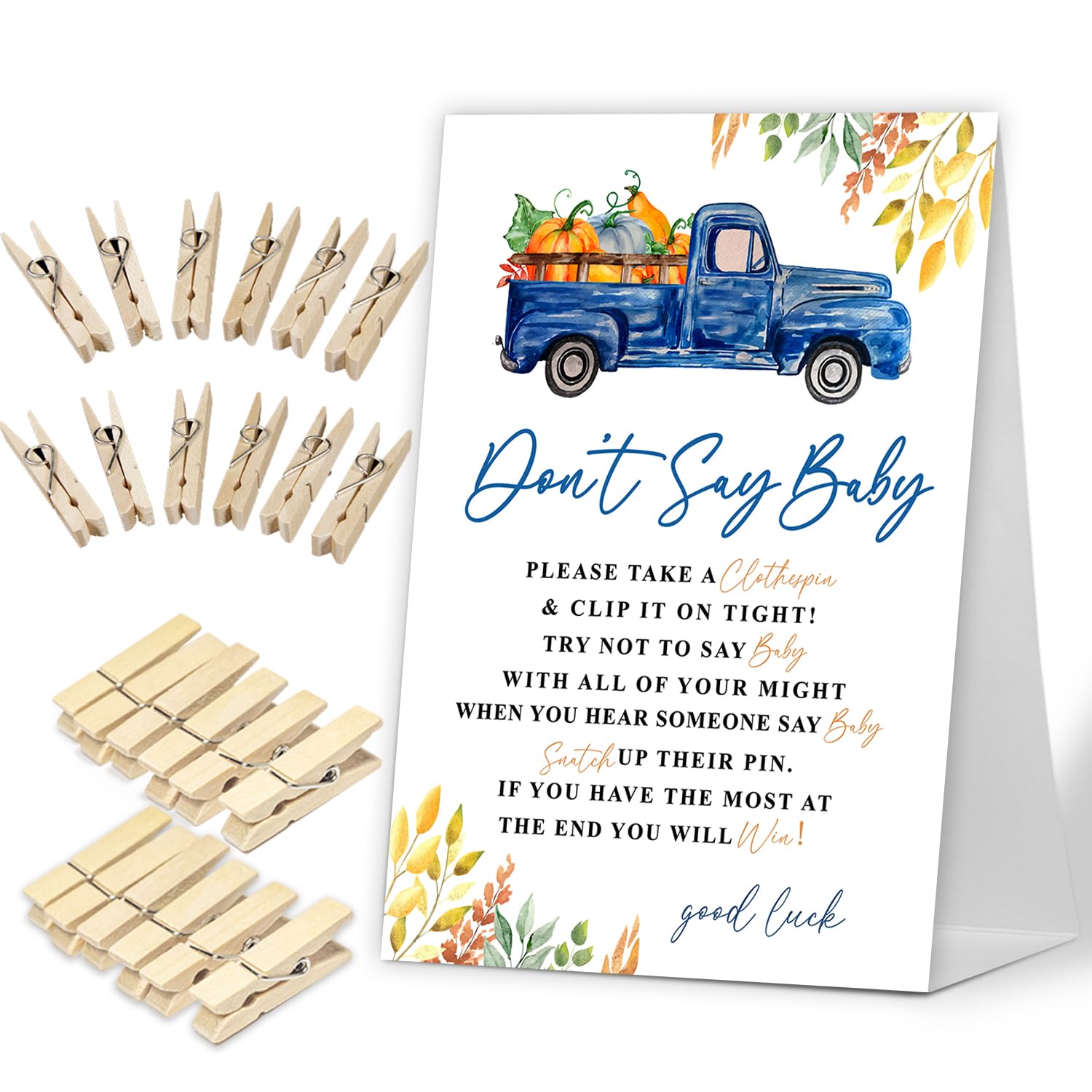 Don't Say Baby Game, Fall Autumn Thanksgiving Pumpkins Baby Shower Game Include Baby Shower Sign and 50 Pcs Mini Clothespins, Gender Neutral Baby Shower Decoration, Party Favors Supplies-LF14