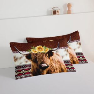 HOSIMA Highland Cow Decor Comforter with 2 Pillowcases,Animal Theme Western Bedding Sets Queen,Brown Cowhide Black White Cow Print Comforter Set for Adults Kids,Sunflower Comforter.