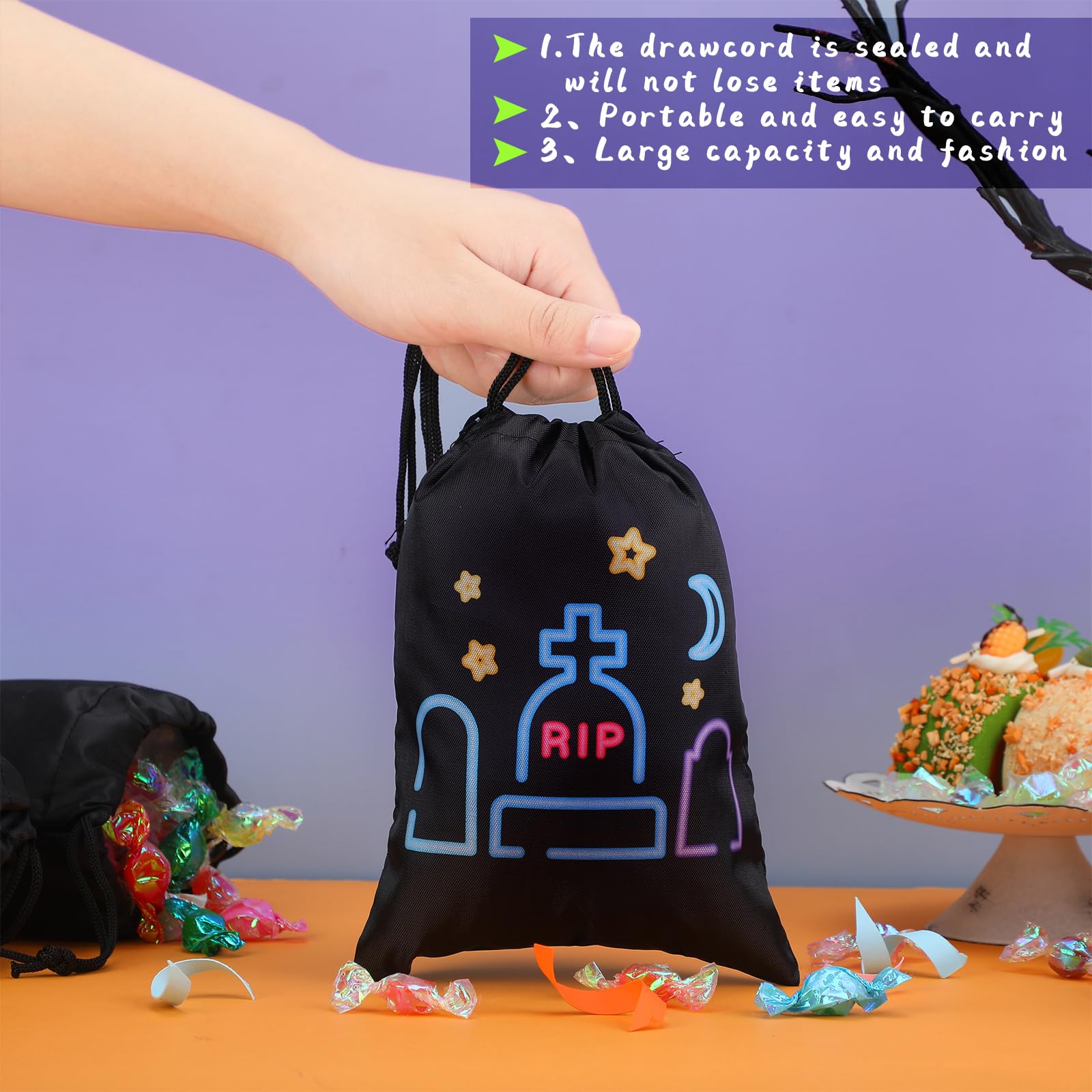 Liliful 36 Pcs Halloween Drawstring Treat Bags, 5.51" x 7.48" Black Cloth Small Shining Halloween Goodie Candy Gift Bags Bulk for Trick or Treat Halloween Party Favors Goodies Decorations Supplies