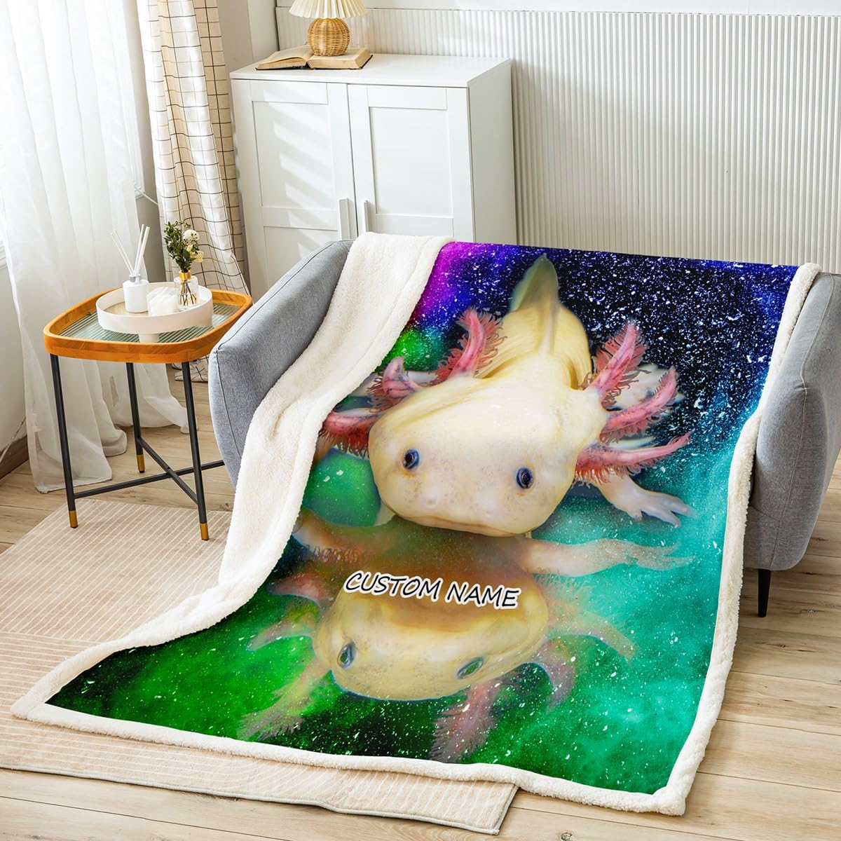 Custom Name Cute Axolotl Blanket 50"x60" 3D Rainbow Axolotls Throw Blanket for Child Boys,Sea Wildlife Animals Reptile Fleece Blanket Kawaii Axolotl Bed Blanket Kids Ocean Theme Bedroom Decor