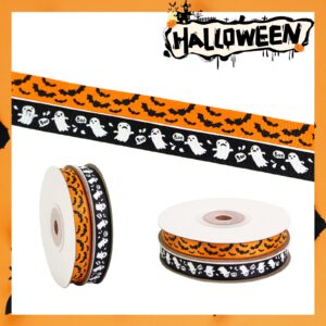 2 Rolls 50 Yards Halloween Ribbon 3/8 Inch Wide, Bat and Ghost Grosgrain Ribbon for Gift Wrapping, Halloween Decoration, Sewing, DIY Crafts (Orange/Black)