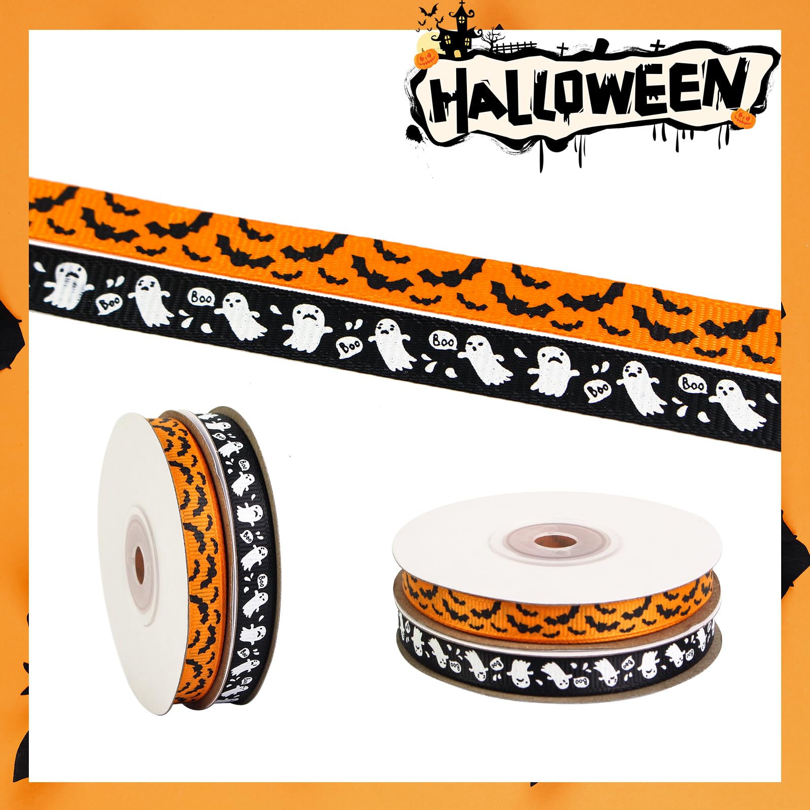 2 Rolls 50 Yards Halloween Ribbon 3/8 Inch Wide, Bat and Ghost Grosgrain Ribbon for Gift Wrapping, Halloween Decoration, Sewing, DIY Crafts (Orange/Black)